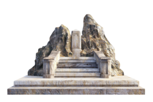Ancient stone monument with stairs leading to elevated platform, surrounded by rugged rocky formations. Isolated on transparent background. png