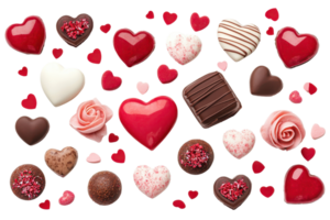 Assorted heart-shaped chocolates and candies in various designs and colors perfect for Valentine's Day or romantic occasions. png