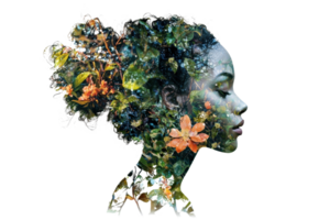 Artistic double exposure of a woman's profile blended with vibrant nature elements illustrating a harmonious connection with the environment. png