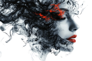 Abstract woman portrait with smoky effects and red lips, blending surrealism and digital art in a captivating visual. png