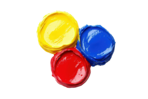 Bright and vibrant photo of red, blue, and yellow paint splashes in circular forms, isolated on a transparent background. perfect for artistic themes. png