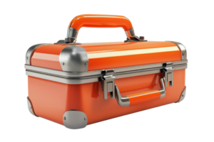 Bright orange toolbox with metallic accents, closed and front-facing on a transparent background. Durable and sleek design for efficient storage. png