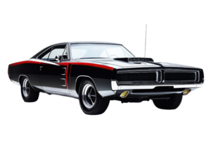 Classic black and red muscle car with powerful design and vintage appeal, perfect for automotive enthusiasts and retro car collections. png