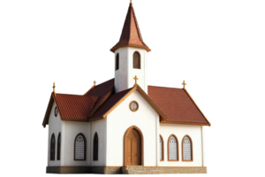 Classic small white chapel with brown roof and steeple, suitable for countryside, religious architecture, and wedding themes. png