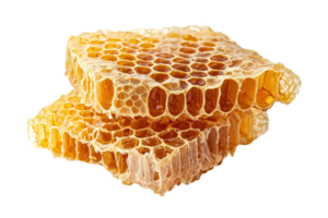 Close-up image of two golden honeycomb pieces stacked, showcasing the detailed hexagonal structure and natural texture. png