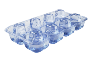 Close-up image of an ice cube tray with clear ice cubes, isolated on a transparent background. Refreshing, cold, and essential for keeping drinks cool. png