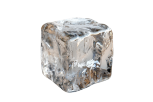 Close-up of a single, clear ice cube with intricate details against a transparent background, perfectly isolated for versatile use. png