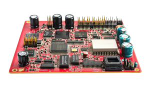 Close-up of a red circuit board with various electronic components, capacitors, and connectors isolated on transparent background. png