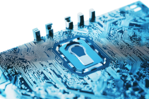 Close-up of a computer microchip with a lock symbol, representing cybersecurity and data protection. png