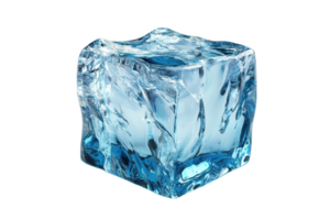 Close-up of a single pristine ice cube with intricate details and blue hue, ideal for cooling drinks or themed design projects. png