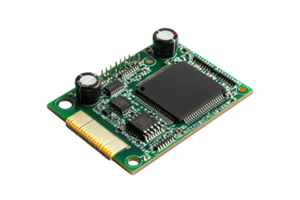 Close-up of an electronic circuit board with various components, including resistors and integrated circuits, isolated on a transparent background. png
