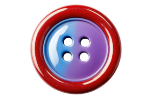Close-up of a vibrant red and purple four-hole button against a transparent background. highlighting its glossy surface and colorful design. png