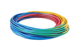 Coiled multicolor electrical cable isolated on transparent background. ideal for illustrations of wiring and electrical projects. png