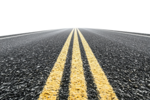 Close-up of empty asphalt road with yellow dividing lines stretching out to the horizon under a clear sky. png