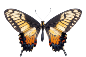 Close-up of a vibrant butterfly with intricate wing patterns, isolated on transparent background. showing colorful details and elegance. png