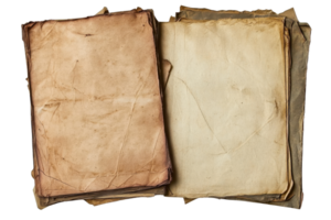 Close-up of vintage, worn-out paper pages with ancient, sepia tones. Ideal for backgrounds, textures, and retro design elements. png