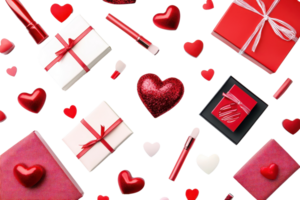 Flat lay of Valentine's Day gifts, hearts, and makeup items against a transparent background. creating a romantic and festive scene. png