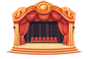 Elegant theater stage with red curtains and chairs, perfect for performances, events, and artistic showcases. Luxurious and sophisticated design. png