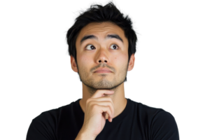 Man deep in thought with hand on chin, looking up, considering a decision or contemplating an idea, wearing a black shirt. png