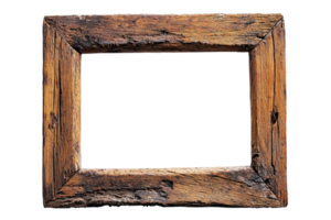 Rustic wooden frame with a weathered appearance, suitable for artwork or photo display. Isolated on a transparent background. png