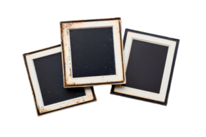 Set of three vintage photo frames with empty black centers and rustic borders on a transparent background. Perfect for nostalgic and retro themes. png