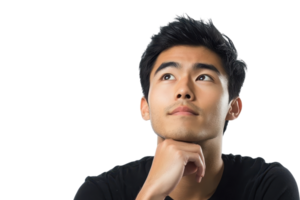 Thoughtful young man looking up with chin resting on his hand, deep in contemplation against a transparent background. png