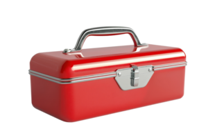 Red metal toolbox with a handle and latch, perfect for storing and organizing tools in a workshop or garage setting. png