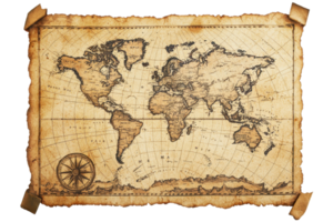 Old vintage world map with compass on parchment paper, showing continents and oceans, perfect for historical and geographical themes. png