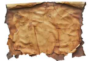 Old weathered parchment paper with torn edges and stained surface, suitable for vintage designs and historical themes. png