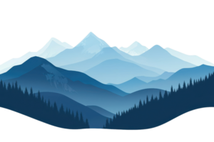 Tranquil mountain scenery with layered blue hues and pine trees, evoking serenity and natural beauty in a minimalist design. png