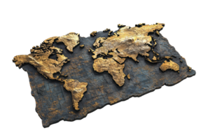 3D rendered artistic world map with gold textures on a dark background representing continents and geography. png