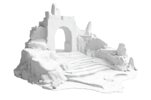 3D render of ancient stone ruins with arched entrance, steps, and rugged terrain. Perfect for fantasy and historical themes. png