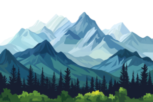 A beautiful digital illustration of a mountainous landscape with lush forests and snowy peaks. Perfect for nature-inspired design projects. png