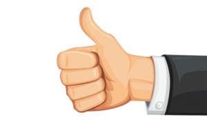 Businessman's hand giving a thumbs up in a positive gesture, symbolizing approval and success in professional settings. png