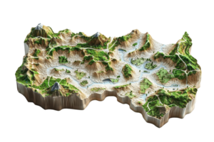 3D topographic map model showcasing mountains, valleys, and terrain variations with realistic elevation details. png