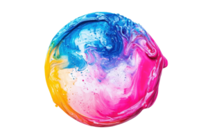 Vibrant swirl of colorful paint blending pink, blue, and yellow in a circular pattern, creating an abstract art piece on a transparent background. png