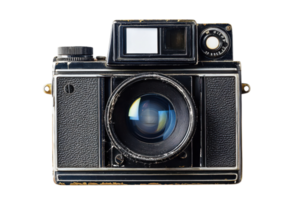 Vintage black camera with a large lens, isolated on a transparent background. Perfect for photography enthusiasts and retro design projects. png