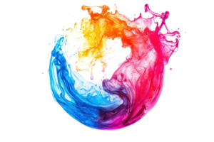 Vibrant swirl of colorful paint splashes creating a dynamic and artistic circle on a transparent background. png