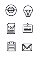 Set of six black outline icons including globe, light bulb, graph, document, calendar, and envelope. Suitable for business and communication themes. png
