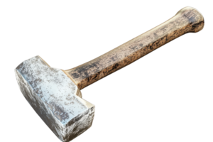 Old, rustic sledgehammer with a worn wooden handle and metal head, isolated on transparent background. Ideal for construction, demolition, and DIY projects. png