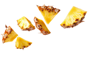 Sliced pineapple pieces isolated on transparent background. Fresh tropical fruit cut into chunks. Vibrant yellow fruit with brown outer skin. png