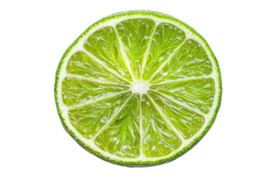 Close-up of a fresh green lime slice with visible juicy segments, isolated on a transparent background. Perfect for culinary and beverage presentations. png