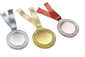 Three blank sport medals in gold, silver, and bronze with ribbons. Ideal for awards, achievements, and competitions. png