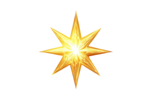Radiant golden star with eight points, glowing bright against a transparent background, perfect for festive and decorative designs. png