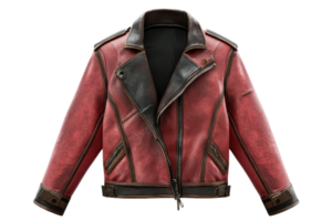 Stylish red leather biker jacket with black accents, featuring asymmetrical zipper design and multiple pockets, perfect for a trendy look. png
