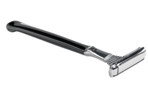 Close-up view of a sleek black and silver razor, perfect for precision shaving. Ideal for grooming and personal care routines. png