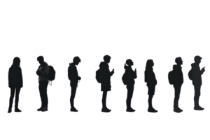 Silhouettes of people standing in a line, isolated on a transparent background. waiting and using their phones. png