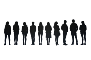 Silhouette of diverse individuals standing together in unity, showcasing community and solidarity. Perfect for concepts of teamwork and togetherness. png