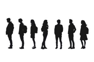 Silhouettes of people standing in line, side view. Perfect for concepts of waiting, order, and crowd. png