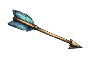Detailed illustration of a single arrow with blue fletching and a sharp tip. Perfect for themes related to archery or medieval objects. png